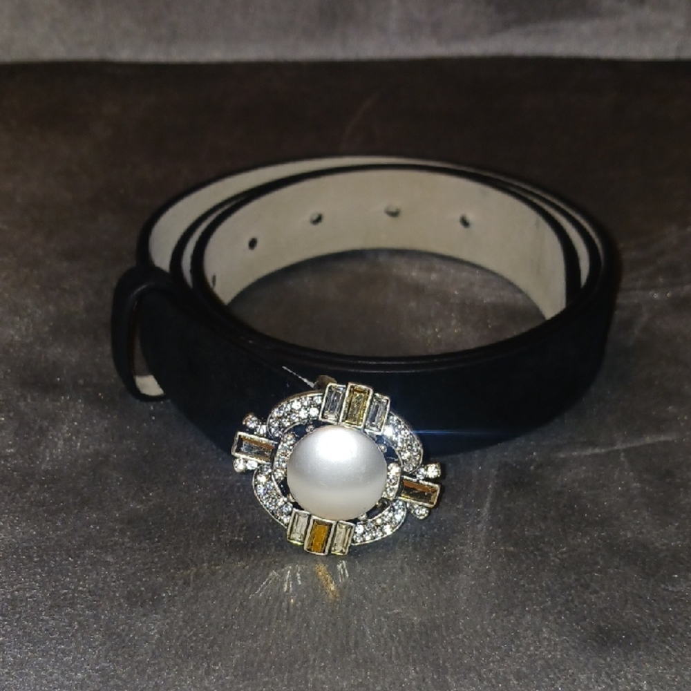 White House Black Market Black Belt with Pearl and Rhinestone Buckle